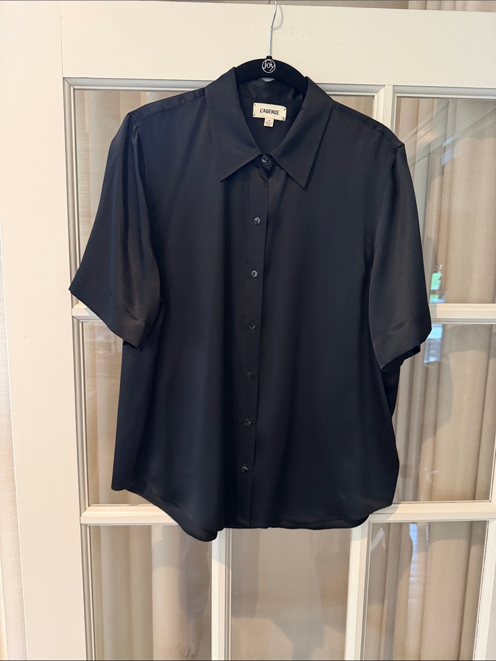 L'AGENCE Black Short-Sleeve Silk Button-Down Shirt